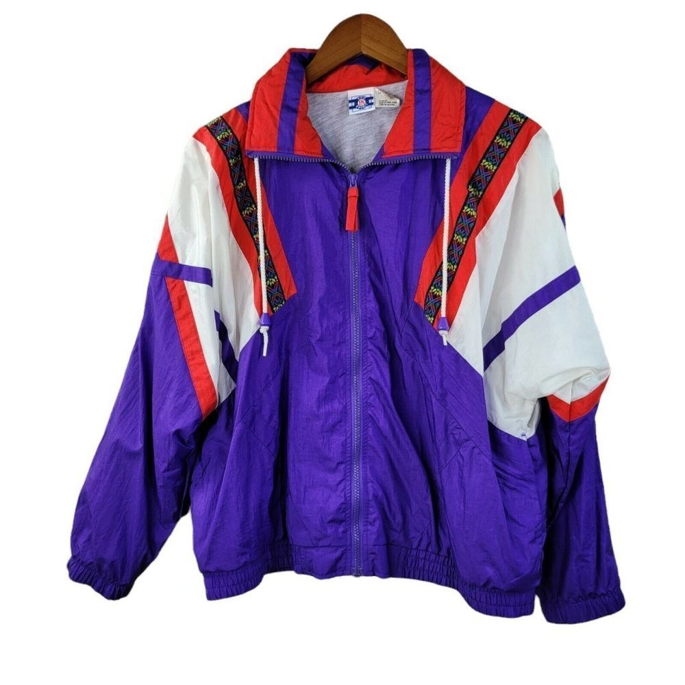 Vintage Windbreaker Jacket Womens Size Medium Jacket Geometric Rainbow trim